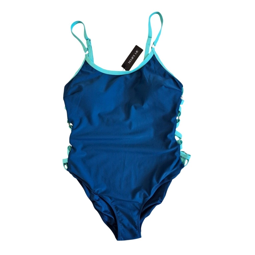 Tempt Me Womens One Piece Swimsuit Teal Blue Lattice Side Cutout NWT Size XL